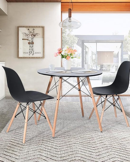 FurnitureR 31.5 Inch Modern Round Dining Table with Wooden Legs for Home Kitchen Living Room Corner Small Spaces Leisure, Black - LeafyLoom