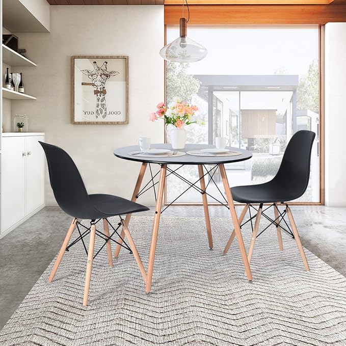FurnitureR 31.5 Inch Modern Round Dining Table with Wooden Legs for Home Kitchen Living Room Corner Small Spaces Leisure, Black - LeafyLoom