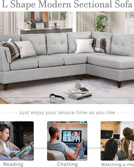 Modern Linen Fabric Sofa with Chaise Lounge, L-Shape Couch with one Lumbar Pad, Comfy Button Tufted Backrest, 4 Seat Corner Sectional Set for Living Room Furniture Office, 97.2", Grey-L - LeafyLoom