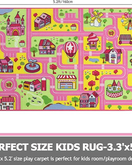 Capslpad Kid Rug for Playroom Pink Play Rug Traffic Road Car Play Mat 5.2x3.3 ft Educational Learning Area Rug Washable Kids Carpet for Children Girls Bedroom,Playroom,Nursery Room Decor - LeafyLoom