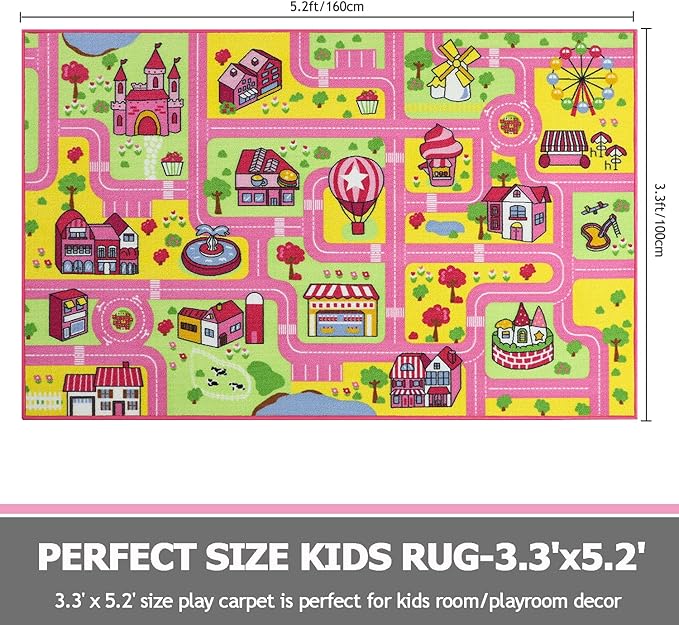 Capslpad Kid Rug for Playroom Pink Play Rug Traffic Road Car Play Mat 5.2x3.3 ft Educational Learning Area Rug Washable Kids Carpet for Children Girls Bedroom,Playroom,Nursery Room Decor - LeafyLoom
