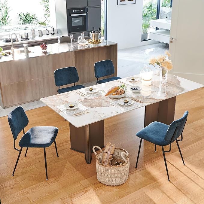 COLAMY Modern Upholstered Fabric Dining Room Accent Diner Stylish Kitchen Chairs with Solid Metal Legs, set of 6, Green - LeafyLoom