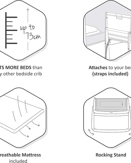 SnuzPod4, Bassinet Bedside Sleeper - Comfortable Baby Crib and Bed, 3D Breathable Mattress, Fits Bed with Adjustable Max. Height of 28.5”, Machine Washable Mesh Liner (White) - LeafyLoom