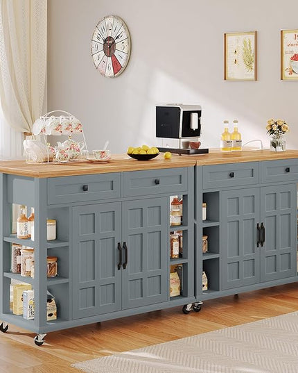 YITAHOME Kitchen Island with Drop Leaf & Power Outlet, Rolling Kitchen Cart on Wheels, Americana Kitchen Island Cabinet with Open Shelves for Kitchen Dining Room, Thicker Rubberwood Top, Grey Blue - LeafyLoom