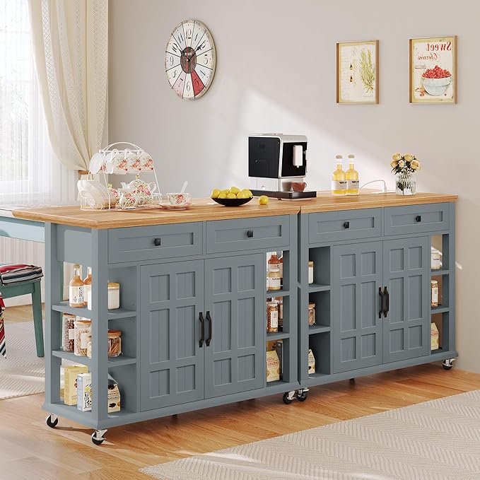 YITAHOME Kitchen Island with Drop Leaf & Power Outlet, Rolling Kitchen Cart on Wheels, Americana Kitchen Island Cabinet with Open Shelves for Kitchen Dining Room, Thicker Rubberwood Top, Grey Blue - LeafyLoom