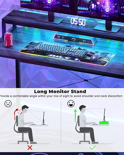 47" Gaming Desk with Storage, Computer Desk with LED Lights, Home Office Desk with Adjustable Shelves & Power Outlets, Gaming Computer Desk with Long Monitor Stand - LeafyLoom