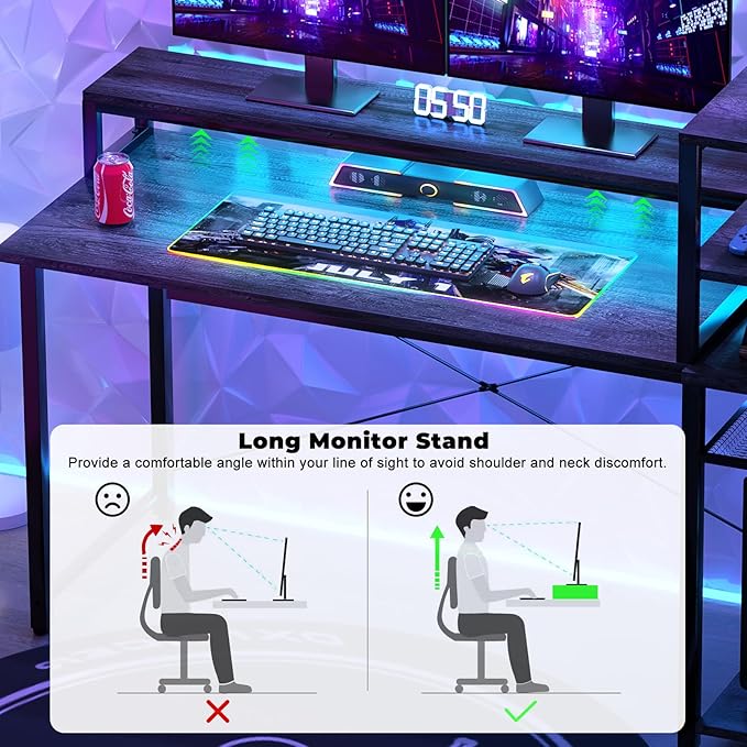 47" Gaming Desk with Storage, Computer Desk with LED Lights, Home Office Desk with Adjustable Shelves & Power Outlets, Gaming Computer Desk with Long Monitor Stand - LeafyLoom