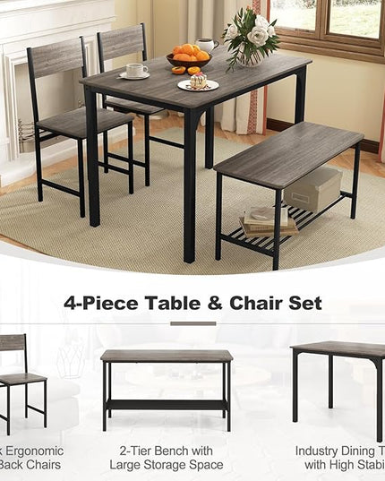 Dining Table Set for 4, Dinette Set w/Bench & Chairs, 2-Person Kitchen Table and Chairs w/Metal Frame & Storage Rack, Space-Saving Kitchen Table w/Bench for Apartment (Grey), Small - LeafyLoom