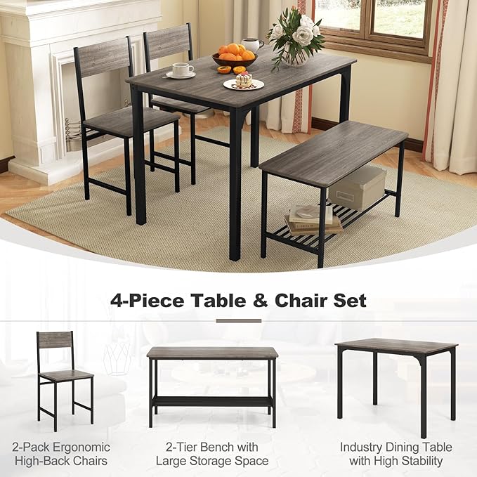 Dining Table Set for 4, Dinette Set w/Bench & Chairs, 2-Person Kitchen Table and Chairs w/Metal Frame & Storage Rack, Space-Saving Kitchen Table w/Bench for Apartment (Grey), Small - LeafyLoom