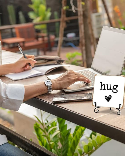 Hug - Home Office Desk Decor Wood Plaque with Stand, Love You Gifts, Thinking of You Gifts for Women Friends Girlfriend Boyfriend Mom Sisters - A01 - LeafyLoom
