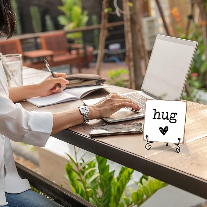 Hug - Home Office Desk Decor Wood Plaque with Stand, Love You Gifts, Thinking of You Gifts for Women Friends Girlfriend Boyfriend Mom Sisters - A01 - LeafyLoom