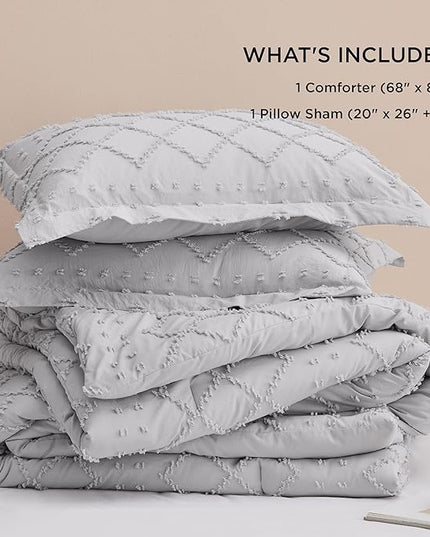 Bedsure Twin/Twin XL Comforter Set - Light Grey Boho Twin Extra Long Comforter Set for College, Shabby Chic Dorm Bedding Set, 2 Pieces Modern Farmhouse Bed Set, includes 1 Pillow Sham - LeafyLoom