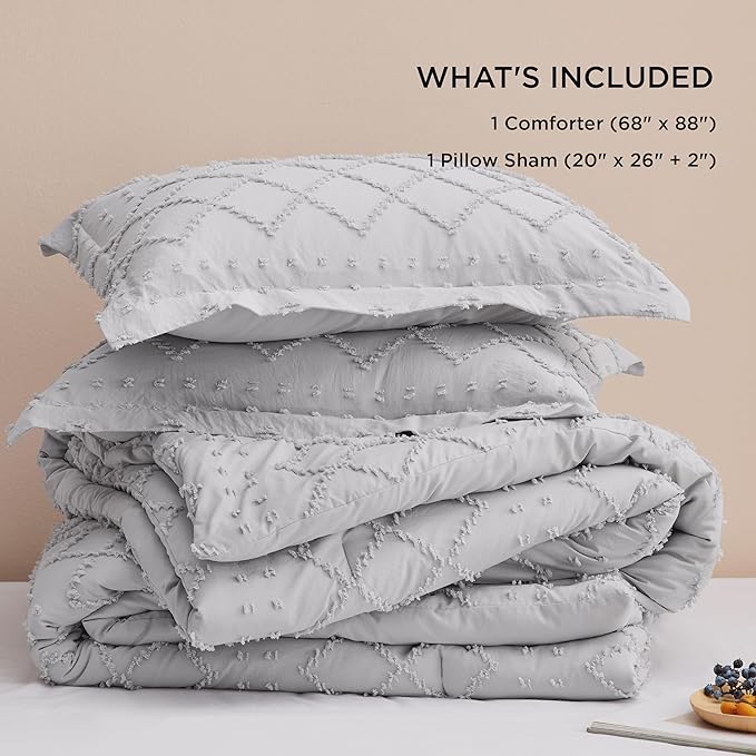 Bedsure Twin/Twin XL Comforter Set - Light Grey Boho Twin Extra Long Comforter Set for College, Shabby Chic Dorm Bedding Set, 2 Pieces Modern Farmhouse Bed Set, includes 1 Pillow Sham - LeafyLoom
