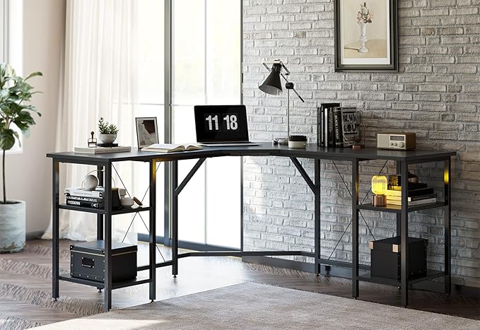 BANTI L Shaped Desk with Shleves, 60" Large Corner Desk with Two Storage, Space Saving, Easy to Assemble, Black - LeafyLoom