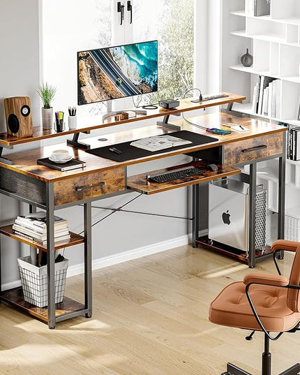 ODK Computer Desk with Drawers & Power Outlet, 63 Inch Office Desk with Keyboard Tray & Storage Shelves & PC Stand, Large Office Table Work Desk with Monitor Stand, Rustic Brown - LeafyLoom