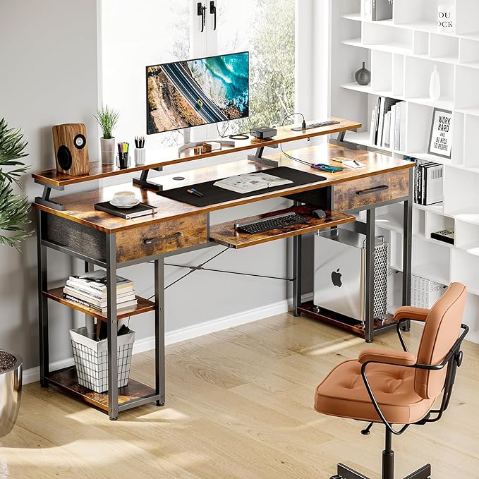 ODK Computer Desk with Drawers & Power Outlet, 63 Inch Office Desk with Keyboard Tray & Storage Shelves & PC Stand, Large Office Table Work Desk with Monitor Stand, Rustic Brown - LeafyLoom