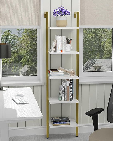 YMYNY 5 Tiers Ladder Bookcase, Industrial Wall Mounted Bookshelf, Open Display Rack with Metal Frame, Wooden Storage Shelves for Bedroom, Home Office, Living Room, White+Gold, 70*17.3*11.8"UHBC015W - LeafyLoom