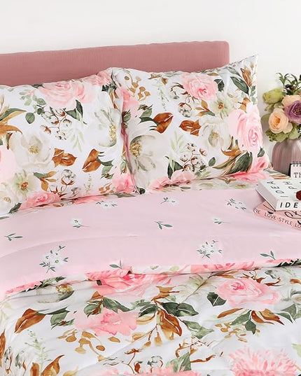 DILIMI King Size Comforter Set, 3 Pieces King Comforter Set, Reversible Pink Floral Comforter King Size, Ultra Soft and Fluffy Bedding Comforter Sets with Comforter, 2 Pillowcase - LeafyLoom