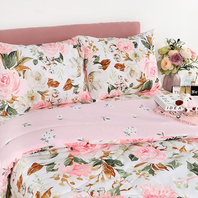 DILIMI King Size Comforter Set, 3 Pieces King Comforter Set, Reversible Pink Floral Comforter King Size, Ultra Soft and Fluffy Bedding Comforter Sets with Comforter, 2 Pillowcase - LeafyLoom