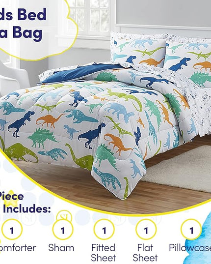 Kids Bedding Set Bed in a Bag for Boys and Girls Toddlers Printed Sheet Set and Comforter , Twin, Dinosaur - LeafyLoom