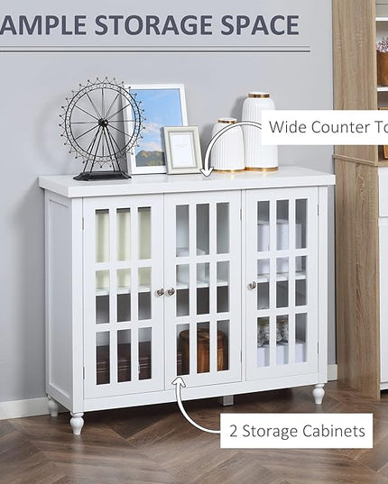 HOMCOM Sideboard, Buffet Cabinet with 3 Tempered Glass Doors, Stripe Pattern and Adjustable Storage Shelf, Credenza, White - LeafyLoom