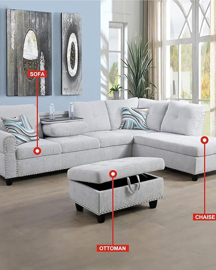 ROOMTEC L Shaped Sectional Sofa Set with Storage Ottoman,Right Facing Chaise Longue, Reversible Backrest w/ 2 Cup Holders, Flannel Tufted Cushions, for Living Room, Apartment, Grey White - LeafyLoom