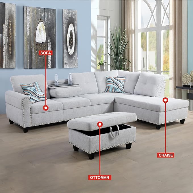 ROOMTEC L Shaped Sectional Sofa Set with Storage Ottoman,Right Facing Chaise Longue, Reversible Backrest w/ 2 Cup Holders, Flannel Tufted Cushions, for Living Room, Apartment, Grey White - LeafyLoom