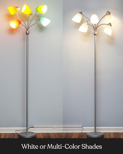 Brightech Medusa LED Floor Lamp – Multi-Head Dimmable Floor Lamp for Living Rooms & Offices – Tall Lamp with Interchangeable Shades, Adjustable Standing Lamp for Bedroom Reading – Silver - LeafyLoom