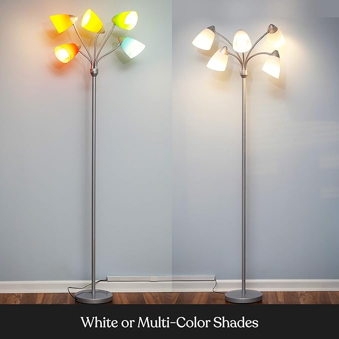 Brightech Medusa LED Floor Lamp – Multi-Head Dimmable Floor Lamp for Living Rooms & Offices – Tall Lamp with Interchangeable Shades, Adjustable Standing Lamp for Bedroom Reading – Silver - LeafyLoom
