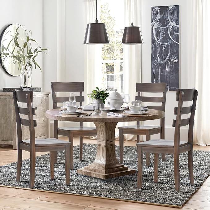 COLAMY Wooden Dining Chairs Set of 6, Ladder High Back Kitchen Side Chair, Farmhouse Armless Dining Room Chairs with Adjustable Foot Pegs, Light Brown - LeafyLoom
