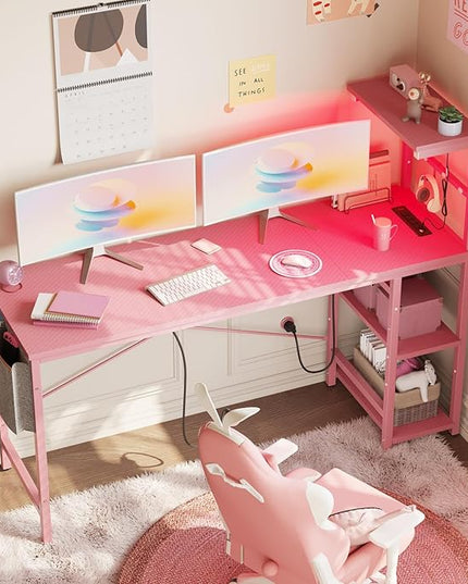 Bestier Gaming Desk with Power Outlets, 61 Inch Large Led Gamer Desk with 4 Tiers Reversible Shelves, PC Gaming Table with Headset Hook & Side Storage Bag for Bedroom (Pink 3D Carbon Fiber) - LeafyLoom
