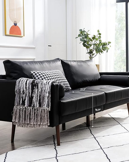 Vonanda Faux Leather Sofa Couch, Mid-Century 73 Inch 3 Seater Leather Couch with Wood Grain Metal Legs and Bolster Pillows for Living Room,Elegant Black - LeafyLoom