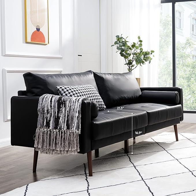 Vonanda Faux Leather Sofa Couch, Mid-Century 73 Inch 3 Seater Leather Couch with Wood Grain Metal Legs and Bolster Pillows for Living Room,Elegant Black - LeafyLoom