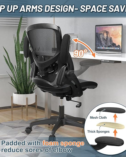 Mesh Home Office Computer Desk Chair Height Adjustable Lumbar Support with Flip Up Arms Swivel Wheels for Adult, Mid Back, black - LeafyLoom
