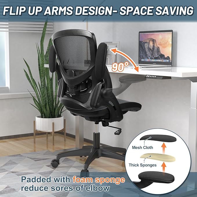 Mesh Home Office Computer Desk Chair Height Adjustable Lumbar Support with Flip Up Arms Swivel Wheels for Adult, Mid Back, black - LeafyLoom