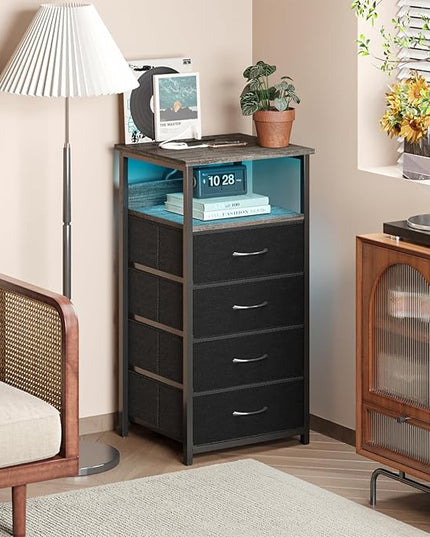 Fixwal Dressers for Bedroom Night Stand with Charging Station, LED Tall Nightstand with USB Ports and Outlets, 4 Fabric Storage Drawers with PU Finish, Small Dresser Bed Side Table, Charcoal Gray - LeafyLoom