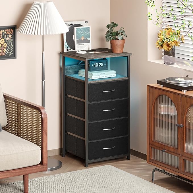 Fixwal Dressers for Bedroom Night Stand with Charging Station, LED Tall Nightstand with USB Ports and Outlets, 4 Fabric Storage Drawers with PU Finish, Small Dresser Bed Side Table, Charcoal Gray - LeafyLoom