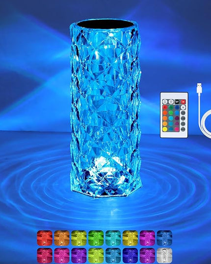 Crystal Table Lamp (Touch & Remote), RGB 16 Colors Changing Lamp, Rechargeable Crystal Lamp, Rose Diamond Night Light, for Bedroom/Party/Dinner/Decoration - LeafyLoom