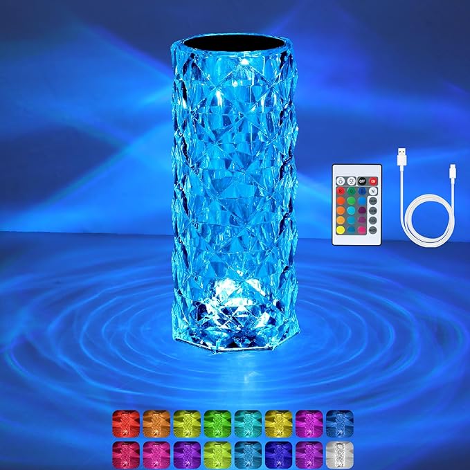 Crystal Table Lamp (Touch & Remote), RGB 16 Colors Changing Lamp, Rechargeable Crystal Lamp, Rose Diamond Night Light, for Bedroom/Party/Dinner/Decoration - LeafyLoom