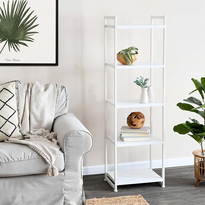 Household Essentials Jamestown Narrow 5 Shelf Open Storage Bookshelf Scandinavian White and White Metal - LeafyLoom