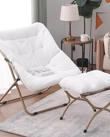Tiita Saucer Chair with Ottoman, Soft Faux Fur Oversized Folding Accent Chair,Lounge Lazy Chair, Metal Frame Moon Chair for Bedroom, Living Room, Dorm Rooms, Garden and Courtyard - LeafyLoom
