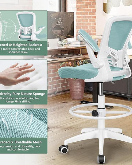 MINLOVE Drafting Office Chair, Ergonomic Tall Office Chair with Flip-up Armrests Executive Ergonomic Computer Standing Desk Chair with Lumbar Support and Adjustable Footrest(Light Blue) - LeafyLoom