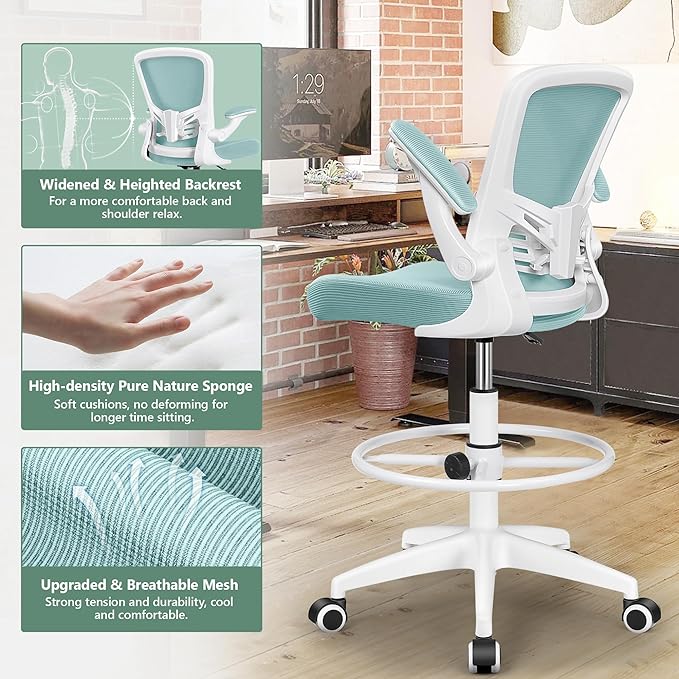 MINLOVE Drafting Office Chair, Ergonomic Tall Office Chair with Flip-up Armrests Executive Ergonomic Computer Standing Desk Chair with Lumbar Support and Adjustable Footrest(Light Blue) - LeafyLoom