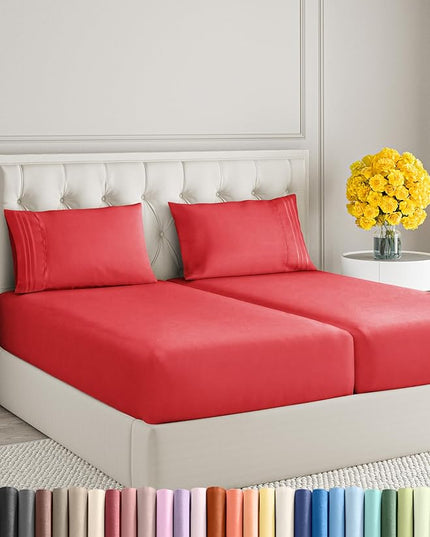 Split King Size 5 Piece Sheet Set - Comfy Breathable & Cooling Sheets - Hotel Luxury Bed Sheets for Women & Men - Deep Pockets, Easy-Fit, Extra Soft & Wrinkle Free Sheets - Red Oeko-Tex Bed Sheet Set - LeafyLoom