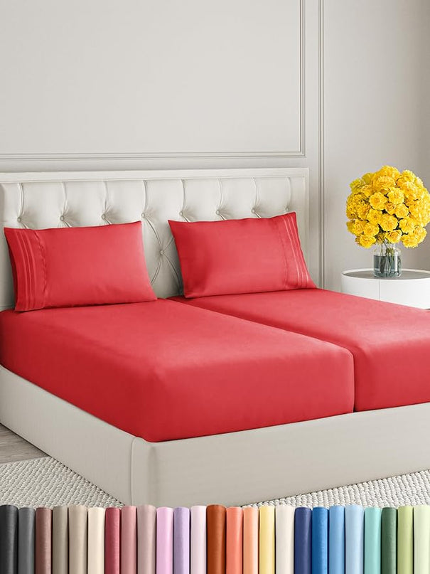 Split King Size 5 Piece Sheet Set - Comfy Breathable & Cooling Sheets - Hotel Luxury Bed Sheets for Women & Men - Deep Pockets, Easy-Fit, Extra Soft & Wrinkle Free Sheets - Red Oeko-Tex Bed Sheet Set - LeafyLoom