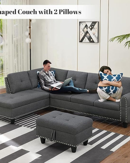L Shaped Sectional Couch with Ottoman and Pillows 2 Cup Holders Design Living Room Furniture Sets for Apartment, Office, Dark Gray - LeafyLoom