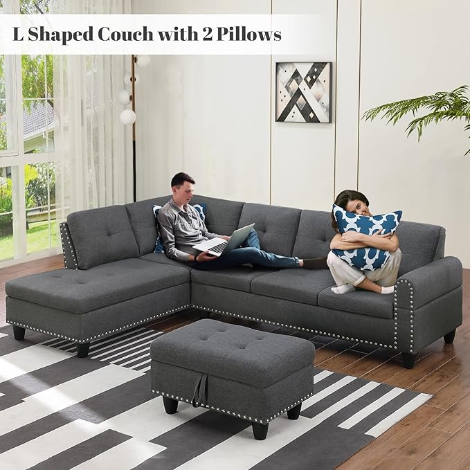 L Shaped Sectional Couch with Ottoman and Pillows 2 Cup Holders Design Living Room Furniture Sets for Apartment, Office, Dark Gray - LeafyLoom