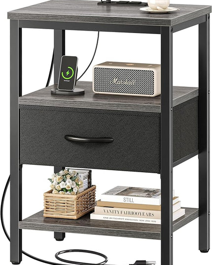 SUPERJARE Nightstand with Charging Station, Bed Side Table with Adjustable Fabric Drawer, Night Stand for Bedroom, 3-Tier Storage End Table, for Living Room, Charcoal Gray - LeafyLoom