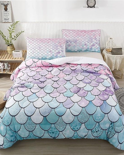 RYNGHIPY 2Pcs Colorful Mermaid Scale Print Comforter Bedding Set Twin Size, Soft Microfiber Coverlet Set/Bedspread/Quilt Set with Colorful Scale Design (Mermaid,Twin) - LeafyLoom