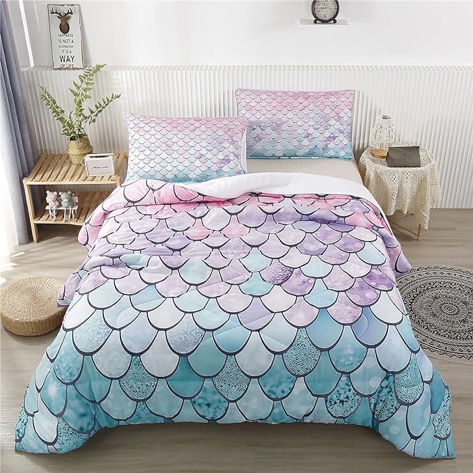 RYNGHIPY 2Pcs Colorful Mermaid Scale Print Comforter Bedding Set Twin Size, Soft Microfiber Coverlet Set/Bedspread/Quilt Set with Colorful Scale Design (Mermaid,Twin) - LeafyLoom